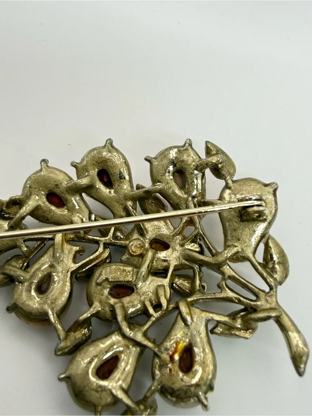 Vintage Signed Coro Moonglow Lucite Pear Fruit Tree Brooch Gold Tone